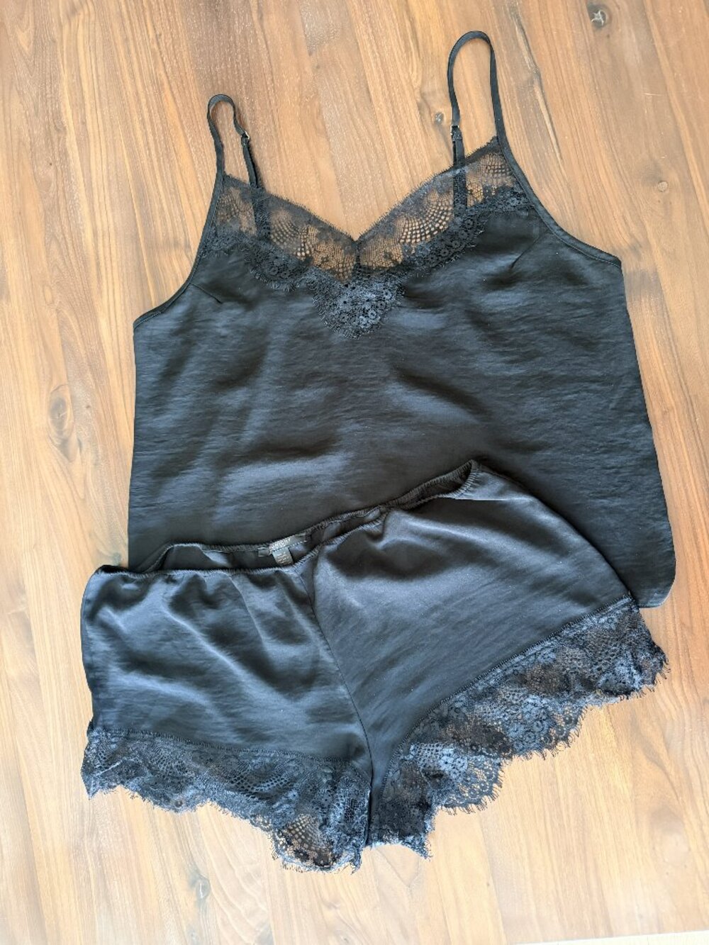 Midnight Bakery Black Satin Pajama Set Lace Trim Cami & Shorts 2 Piece Sleepwear